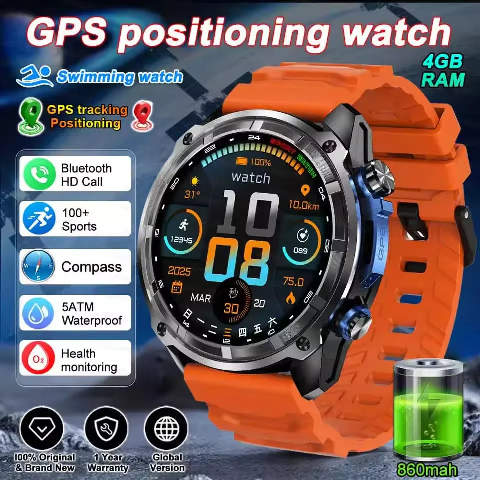 2025 New Military GPS Sports Smartwatches Men 5ATM Waterproof Fitness Tracker 4GB Memory Offline Maps 860Mah Battery Smart Watch