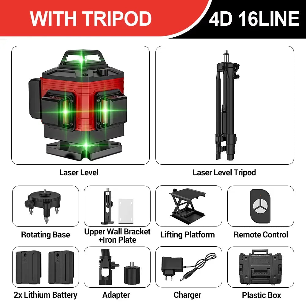 16 Lines 4D Laser Level Green Line SelfLeveling 360 Horizontal & Vertical power Laser level Professional Construction Tools