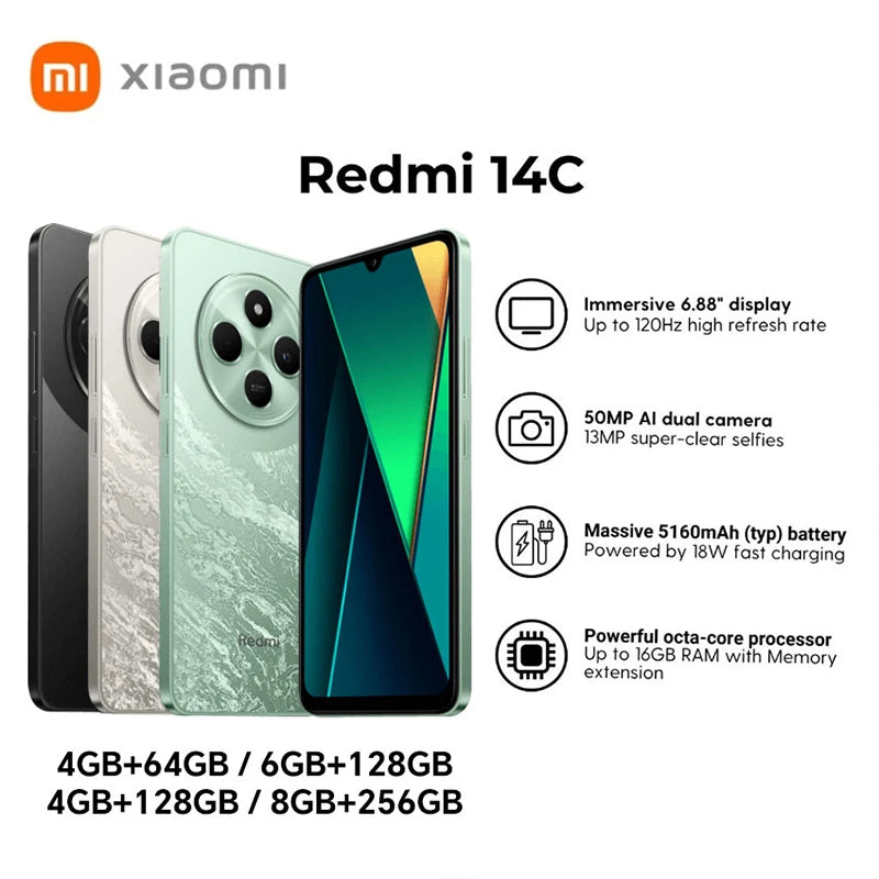 Xiaomi Redmi 14C Smartphone Immersion 6.88'' 120Hz Display 50MP AI Dual Camera Massive 5160mAh Battery