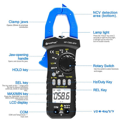 Wireless Bluetooth Clamp Meter HP-7200APP 6000 Count Auto Range Bluetooth Clamp MultimeterDC/AC True RMS Continuity Buzzer Meter