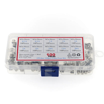 100Pcs/Box 5x20mm Fast-blow Glass Fuse Assorted Kit 0.2A 0.5A 1A 2A 3A 5A 8A 10A 15A 20A Amp Fuses Electrical Fuse Tube Mix Set
