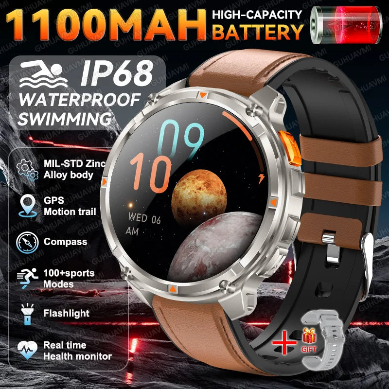 2026 New Military 1100mAh Battery Outdoor Sports SmartWatch Men Compass Flashlight GPS trackr 10ATM Waterproof Fitness Bracelet