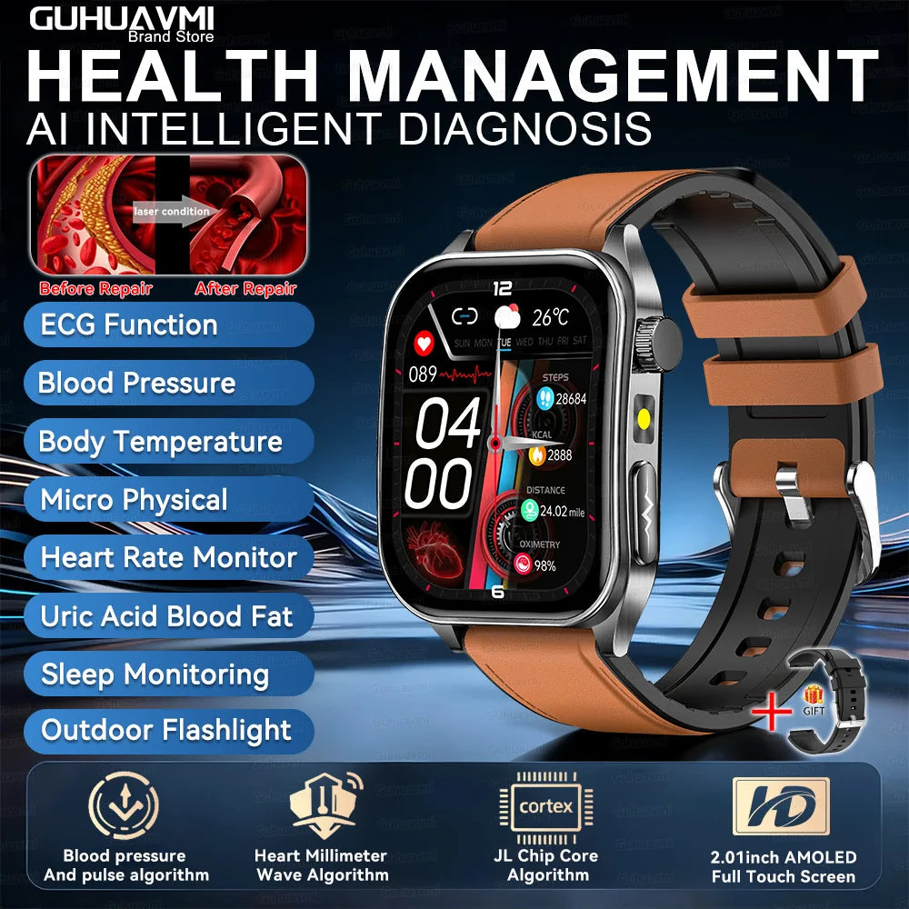 2026 New 650nm Laser Therapy Health Smartwatch Men ECG Blood Pressure Lipid Uric Acid Bluetooth Call Smart Watch For Android IOS