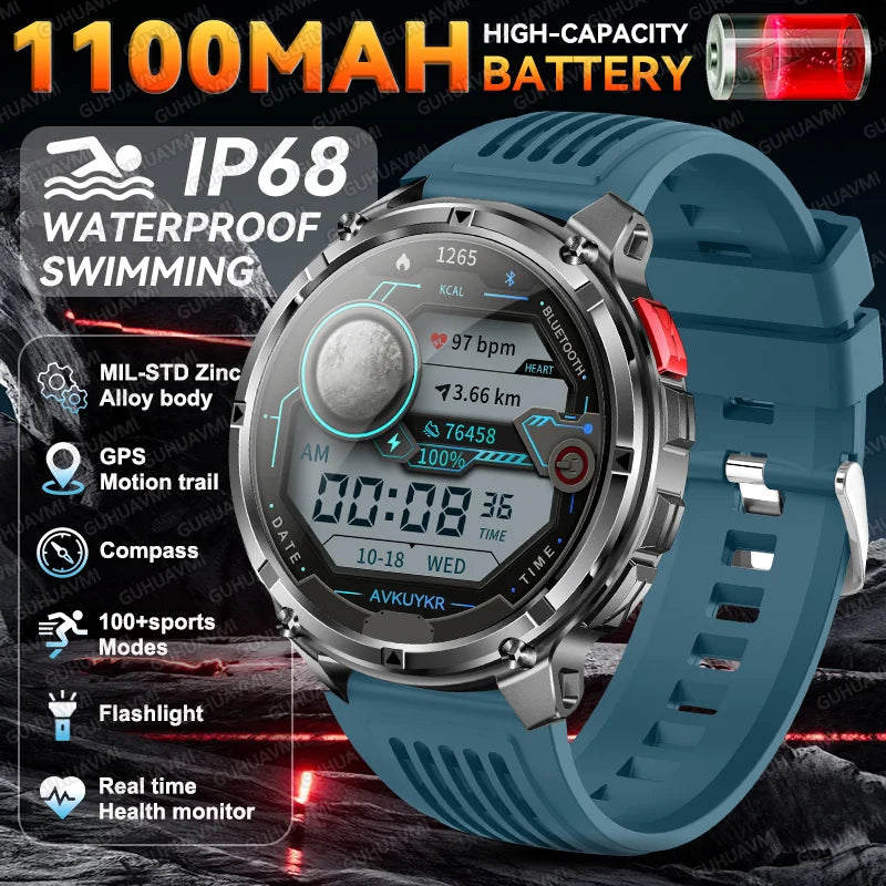 2026 New Military 1100mAh Battery Outdoor Sports SmartWatch Men Compass Flashlight GPS trackr 10ATM Waterproof Fitness Bracelet