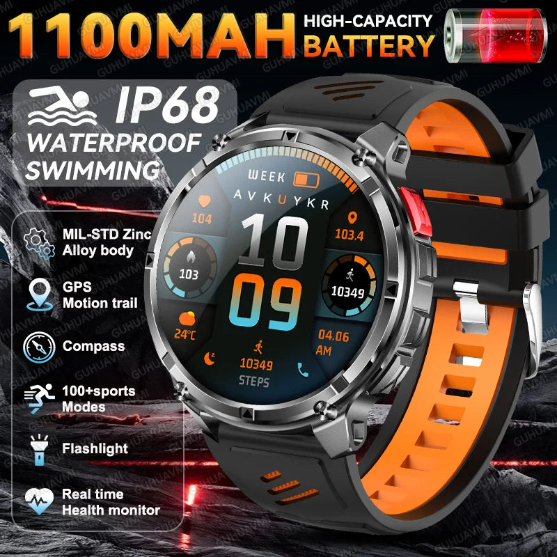 2026 New Military 1100mAh Battery Outdoor Sports SmartWatch Men Compass Flashlight GPS trackr 10ATM Waterproof Fitness Bracelet