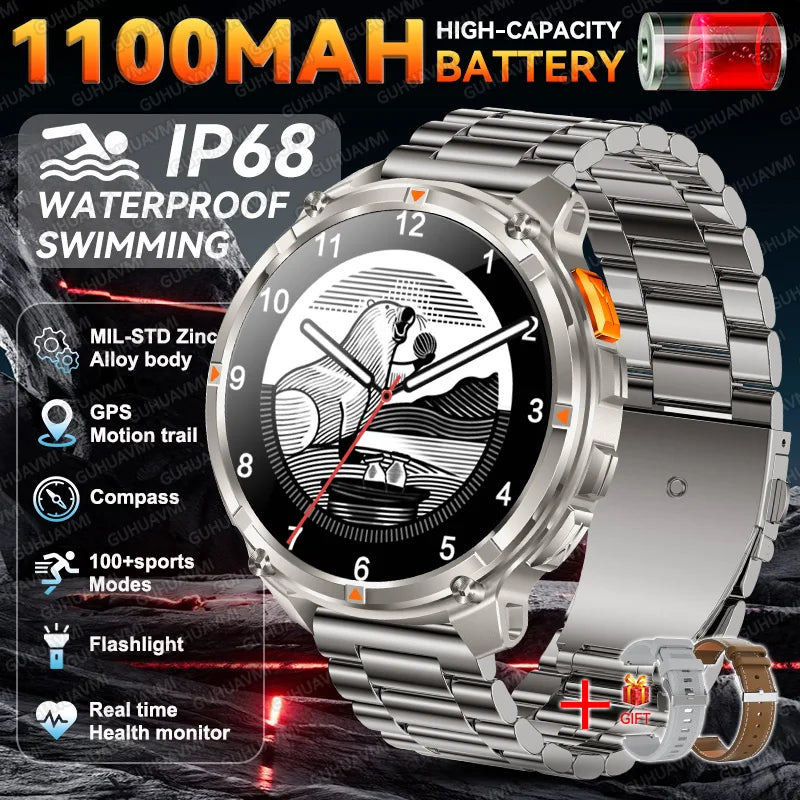 2026 New Military 1100mAh Battery Outdoor Sports SmartWatch Men Compass Flashlight GPS trackr 10ATM Waterproof Fitness Bracelet