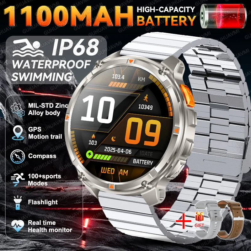 2026 New Military 1100mAh Battery Outdoor Sports SmartWatch Men Compass Flashlight GPS trackr 10ATM Waterproof Fitness Bracelet
