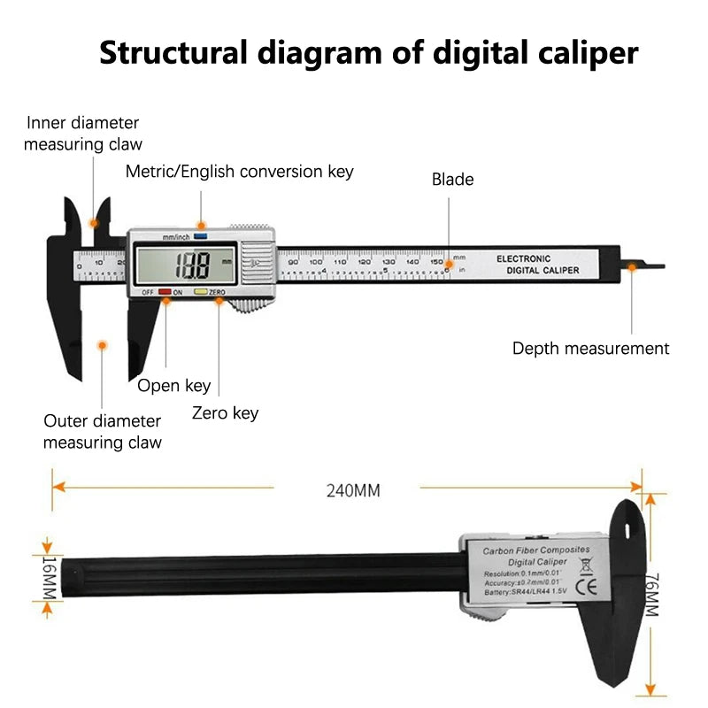 150mm Digital Caliper Stainless Steel Fraction / MM / Inch 0.1mm High Precision for Mechanical Components Measure