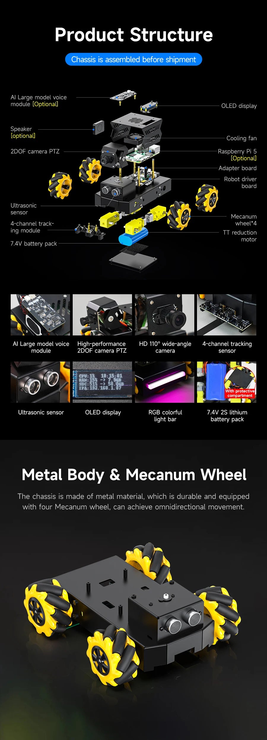 Yahboom Raspbot V2 AI Large Model Robot Car Kit with Camera Mecanum Wheel Toy Educational Python Programming for Raspberry Pi 5