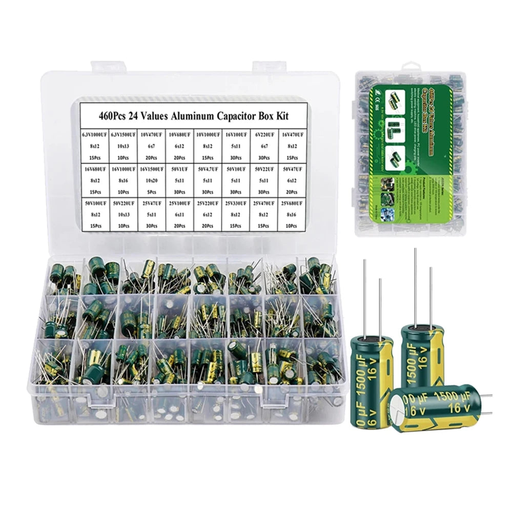 15/24/36 Values 225/460/925Pcs Aluminum Capacitors Set 16V-50V Aluminum Electrolytic Capacitors Assortment Kit for DIY Projects
