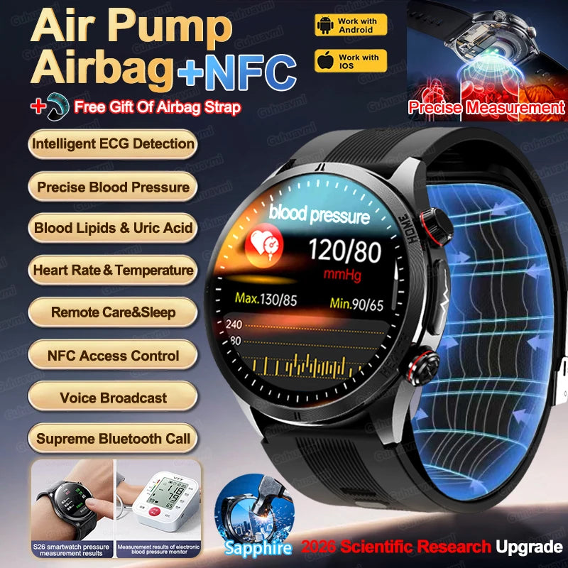 2026 New Upgrade Air Pump Blood Pressure Accurate Measure SmartWatch ECG Micro Physical Examination NFC Airbag Smart Watches Man