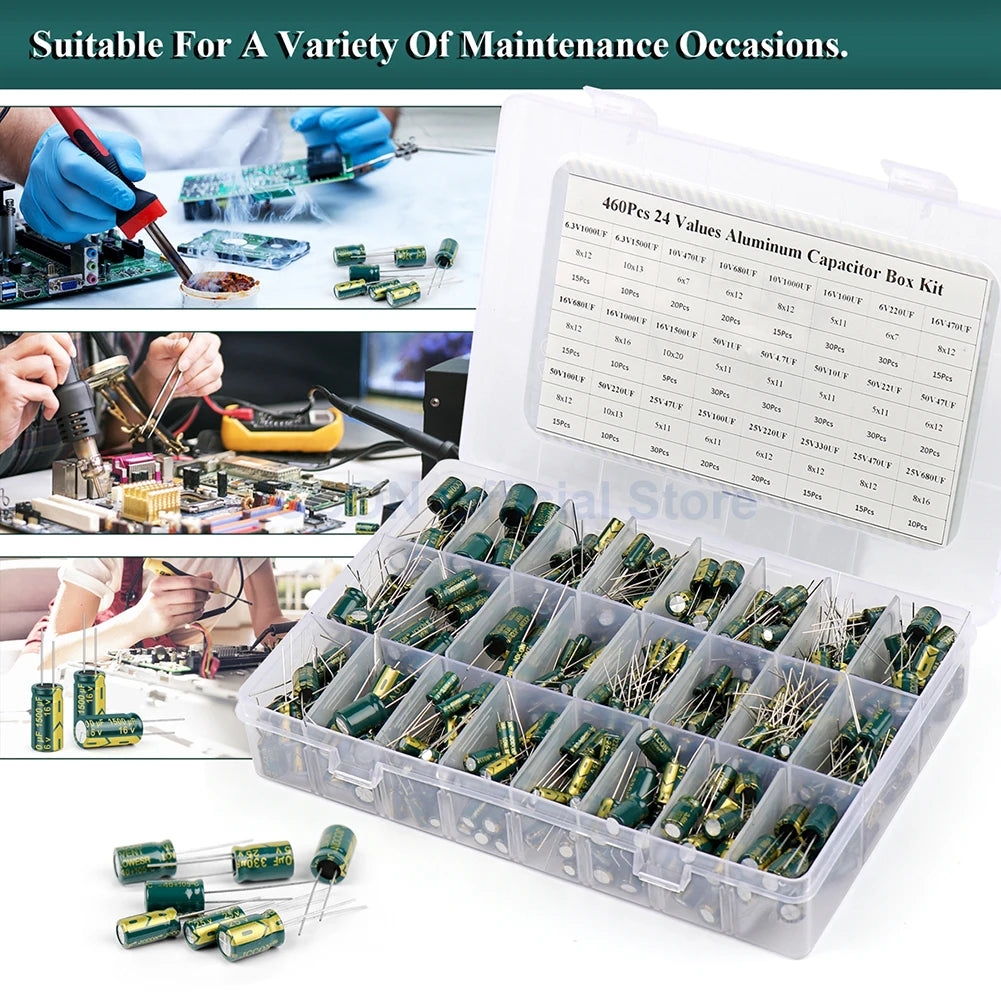 15/24/36 Values 225/460/925Pcs Aluminum Capacitors Set 16V-50V Aluminum Electrolytic Capacitors Assortment Kit for DIY Projects