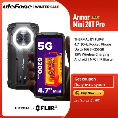 【World Premiere】Ulefone Armor Mini 20T Pro 5G  4.7" Display  Rugged Phone LED Light Android 14 Smartphone 6200mAh 16GB+256GB 33W