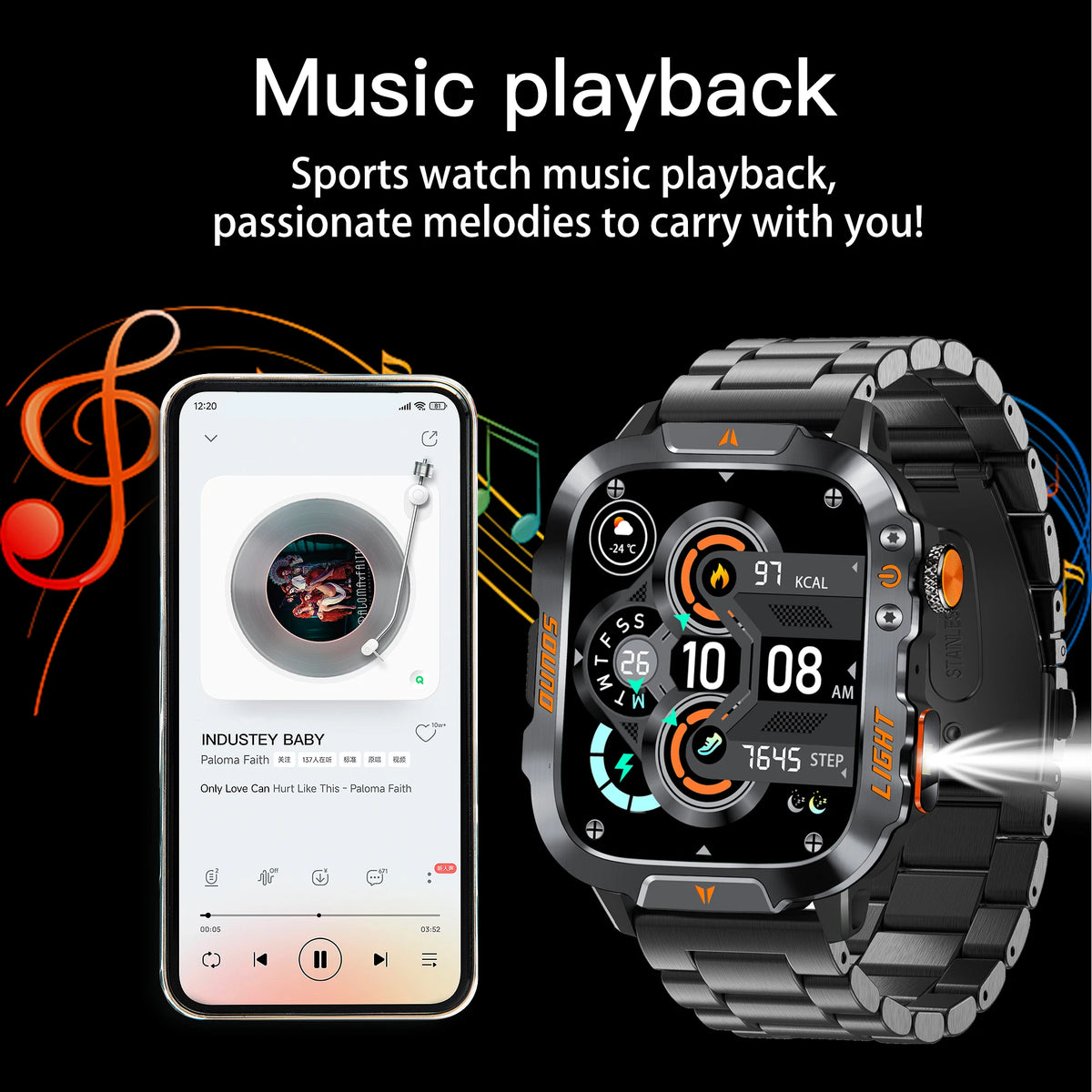 2025 New Outdoor Smart Watch Men's 1.96-inchSquareHDScreen 420 mAh Wireless Call with Flashlight 100+Sports Mode Fitness Tracker