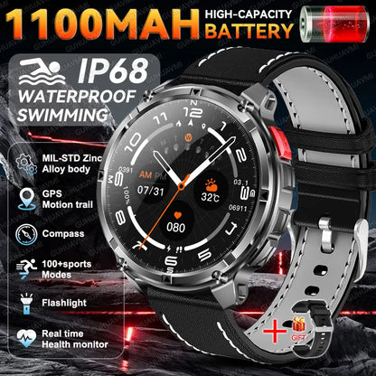 2026 New Military 1100mAh Battery Outdoor Sports SmartWatch Men Compass Flashlight GPS trackr 10ATM Waterproof Fitness Bracelet