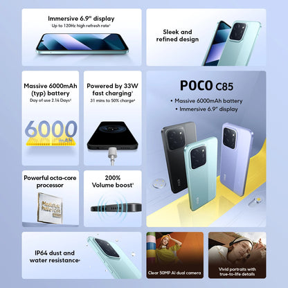 【World Premiere】POCO C85 Global Version Smartphone 128/256GB Helio G81-Ultra 6000mAh battery 6.9" display 50MP Camera 33W NFC