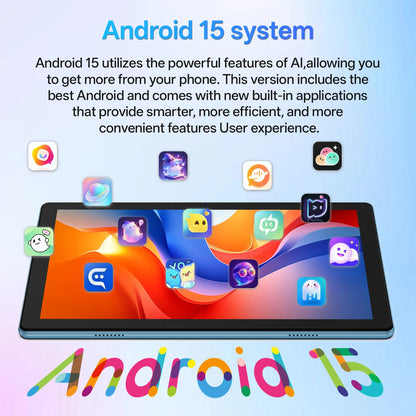 10-inch tablet PC, Android 15 system, quad-core processor, 12 (3+9) GB + 64GB storage, expandable up to 1TB, supports WiFi 6,