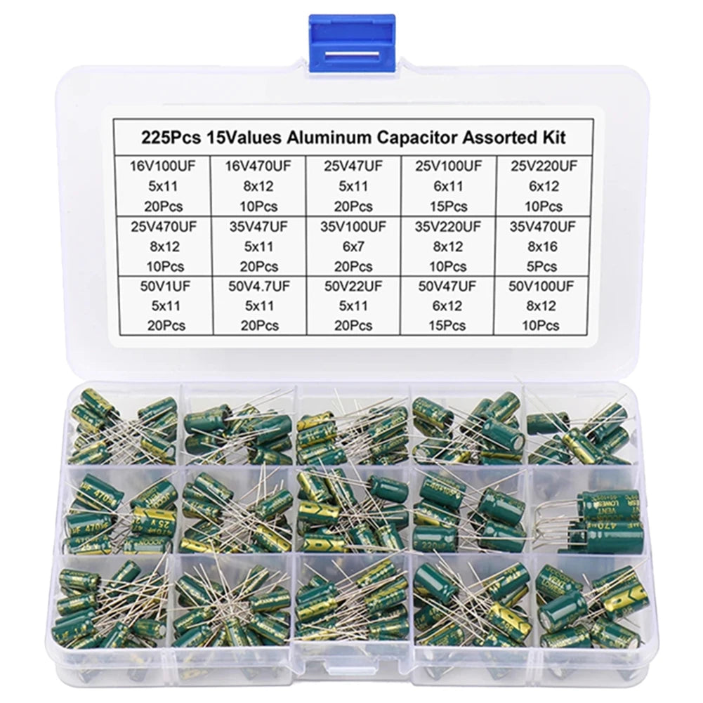 15/24/36 Values 225/460/925Pcs Aluminum Electrolytic Capacitors 16V-50V Electrolytic Capacitor Assortment Kit with Storage Box