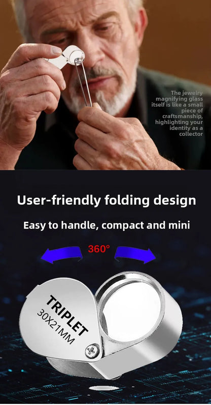 10-30X Pocket Loupe Magnifier Jewelry Magnifying Glass Foldable Diamond Lupa Triplet Jewelers Eye Glass Tool Reading Magnifiers
