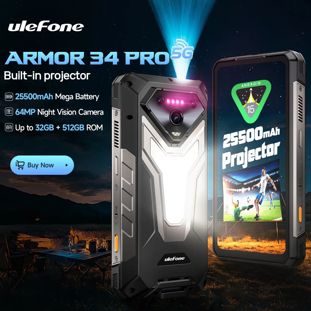 【World Premiere】Ulefone Armor 34 Pro 5G AI Rugged Phone 25500mAh Up to 32GB+512GB Built-in Projector 120Hz 6.95