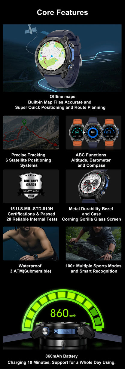2025 New Military GPS Sports Smartwatches Men 5ATM Waterproof Fitness Tracker 4GB Memory Offline Maps 860Mah Battery Smart Watch