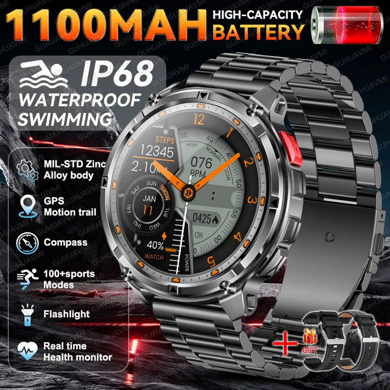 2026 New Military 1100mAh Battery Outdoor Sports SmartWatch Men Compass Flashlight GPS trackr 10ATM Waterproof Fitness Bracelet