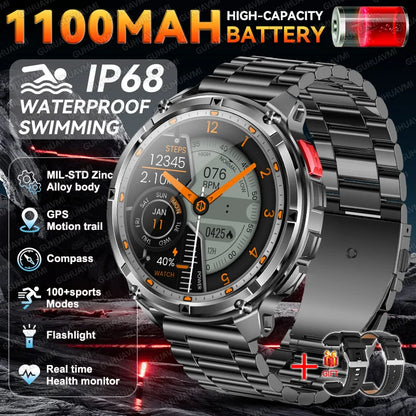 2026 New Military 1100mAh Battery Outdoor Sports SmartWatch Men Compass Flashlight GPS trackr 10ATM Waterproof Fitness Bracelet