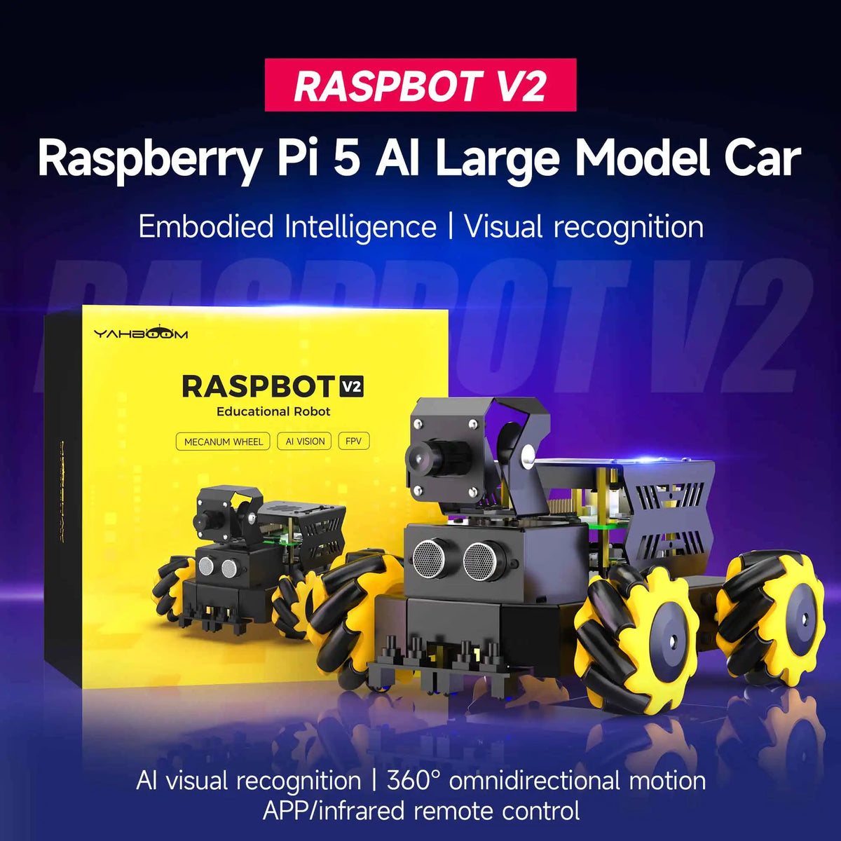 Yahboom Raspbot V2 AI Large Model Robot Car Kit with Camera Mecanum Wheel Toy Educational Python Programming for Raspberry Pi 5