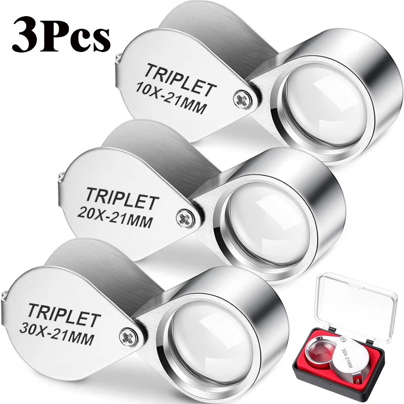 10-30X Pocket Loupe Magnifier Jewelry Magnifying Glass Foldable Diamond Lupa Triplet Jewelers Eye Glass Tool Reading Magnifiers