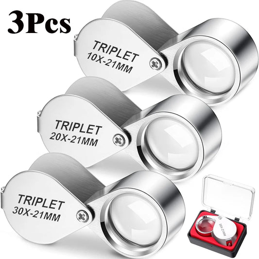 10-30X Pocket Loupe Magnifier Jewelry Magnifying Glass Foldable Diamond Lupa Triplet Jewelers Eye Glass Tool Reading Magnifiers