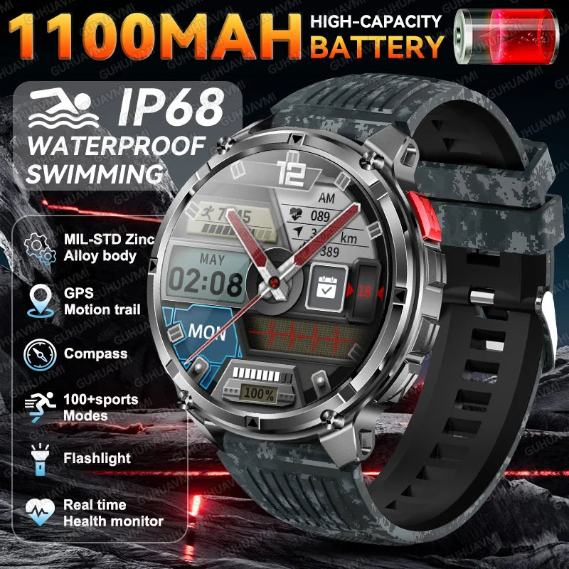 2026 New Military 1100mAh Battery Outdoor Sports SmartWatch Men Compass Flashlight GPS trackr 10ATM Waterproof Fitness Bracelet