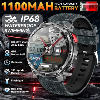 2026 New Military 1100mAh Battery Outdoor Sports SmartWatch Men Compass Flashlight GPS trackr 10ATM Waterproof Fitness Bracelet
