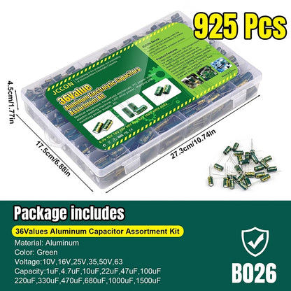 15/24/36 Values 225/460/925Pcs Aluminum Electrolytic Capacitors 16V-50V Electrolytic Capacitor Assortment Kit with Storage Box