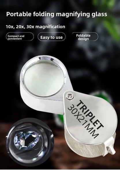 10-30X Pocket Loupe Magnifier Jewelry Magnifying Glass Foldable Diamond Lupa Triplet Jewelers Eye Glass Tool Reading Magnifiers