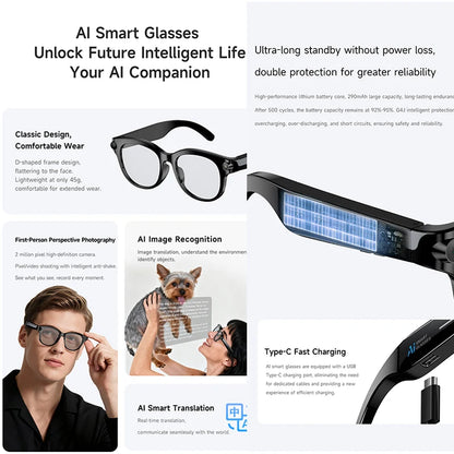 2026 AI Smart Glasses 200W HD Camera 1080P Translation AI Voice Assistant Music Playback LED Flashlight Men Women Smart Glasses