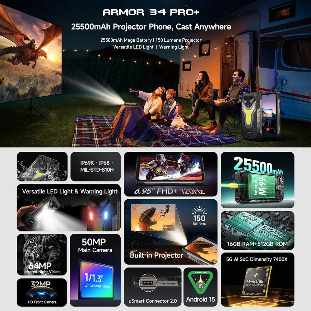 【World Premiere】Ulefone Armor 34 Pro 5G AI Rugged Phone 25500mAh Up to 32GB+512GB Built-in Projector 120Hz 6.95" NFC Smartphone