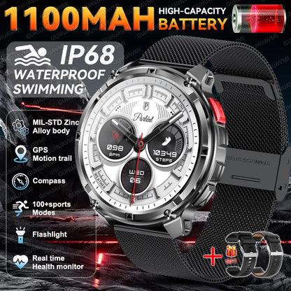 2026 New Military 1100mAh Battery Outdoor Sports SmartWatch Men Compass Flashlight GPS trackr 10ATM Waterproof Fitness Bracelet