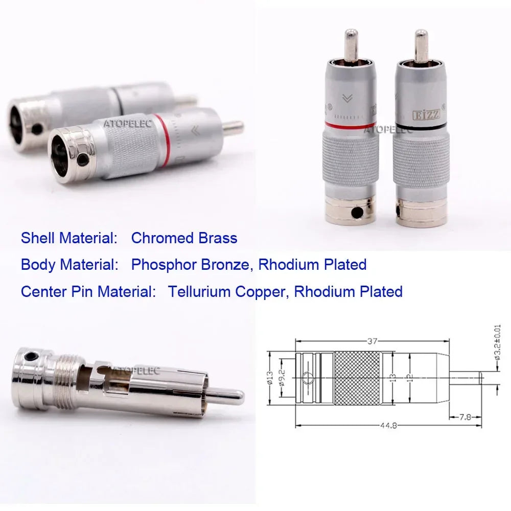 1 pair EIZZ 24K Gold/Thick Silver/Rhodium Plated Brass Male RCA Coaxial Plug Tellurium Copper Pin Hi-Fi Audio AMP CD DVD