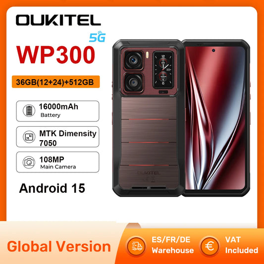 2025 NEW Oukitel WP300 Rugged Phone 6.78" FHD 120Hz Telephone Portable 36GB (12+24) GB+512GB 16000mAh Smartphone 5G Android 15
