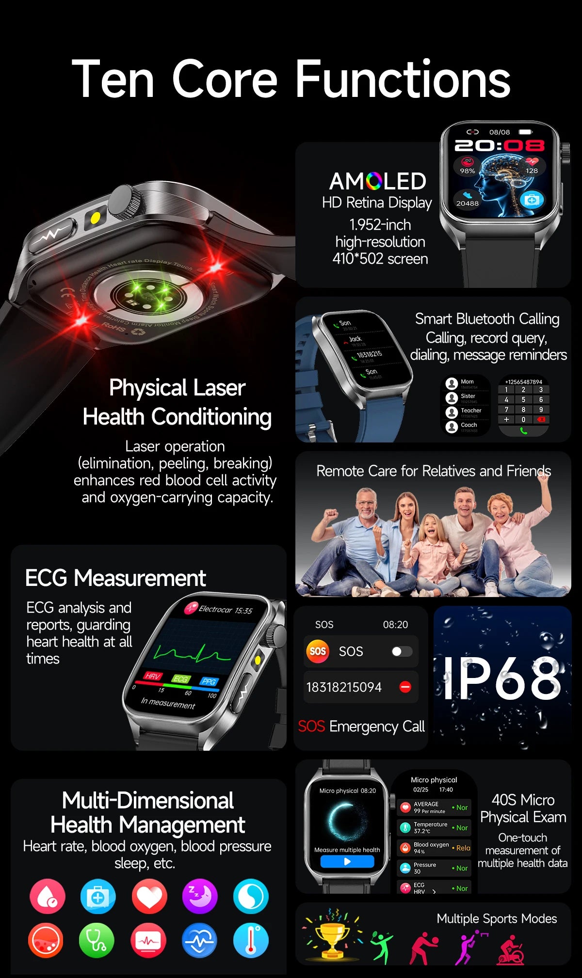 2026 New 650nm Laser Therapy Health Smartwatch Men ECG Blood Pressure Lipid Uric Acid Bluetooth Call Smart Watch For Android IOS