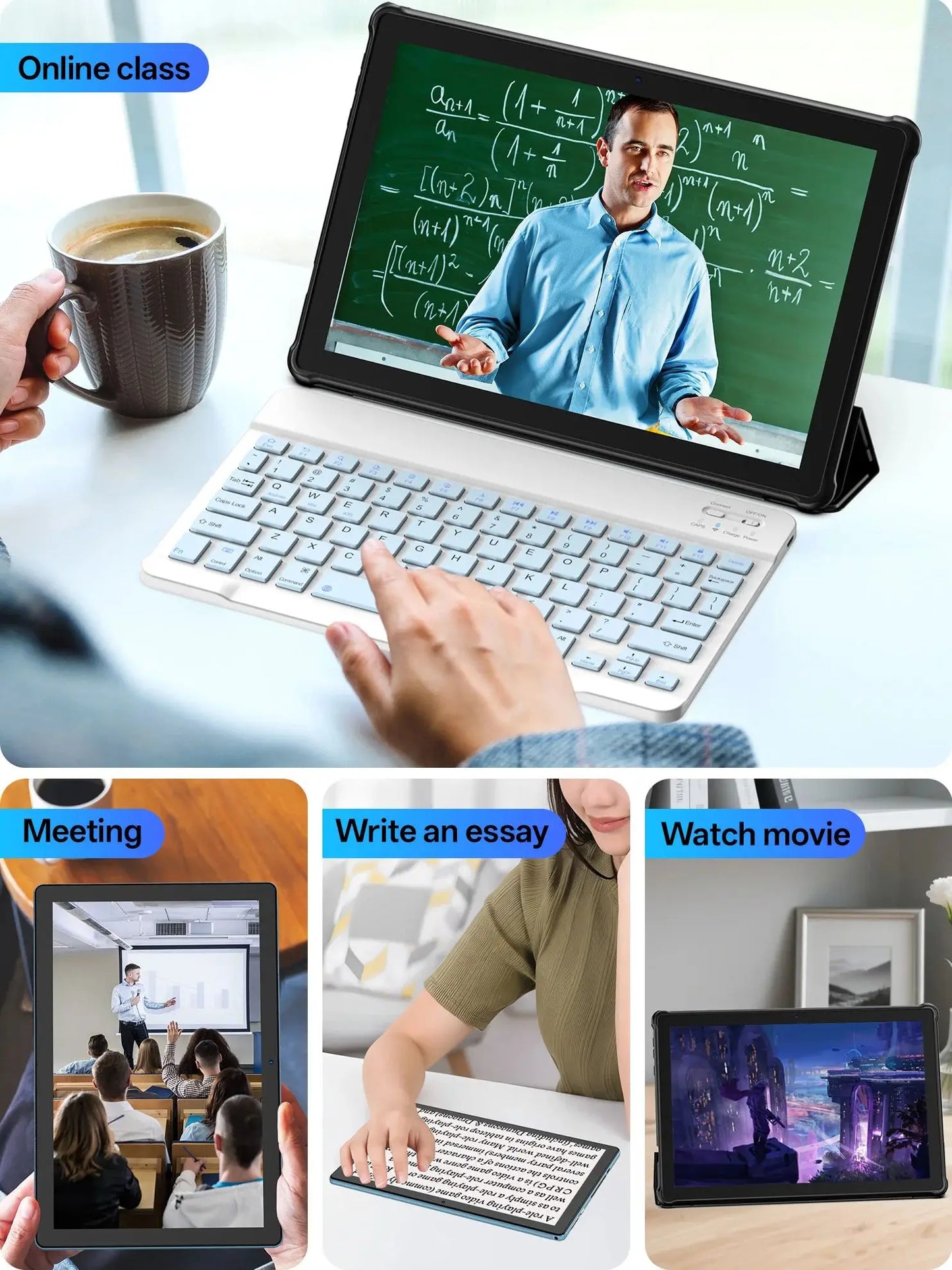 10-inch tablet PC, Android 15 system, quad-core processor, 12 (3+9) GB + 64GB storage, expandable up to 1TB, supports WiFi 6,