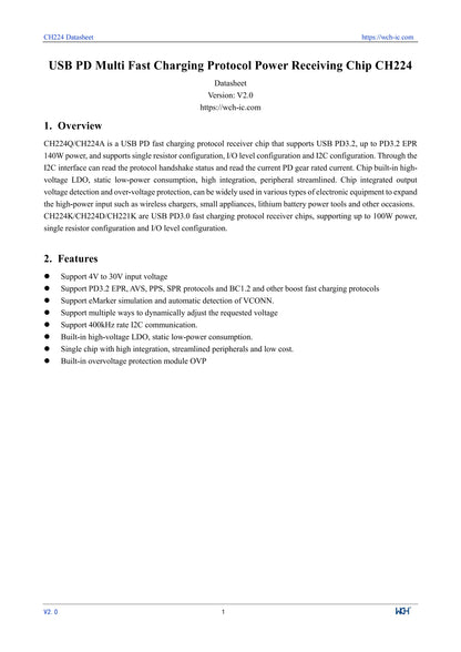 10Pcs/lot CH224 CH224A USB PD3.2 Fast Charging Protocol Receiver Chip