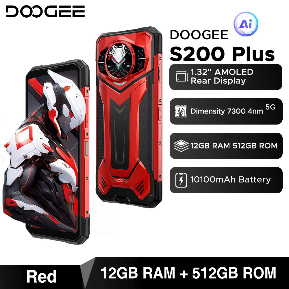 World Premiere DOOGEE S200 Plus 5G AI Rugged Phone Dimensity 7300 1.32" Rear Display 12+512GB 6.72'' 10100mAh Battery Smartphone