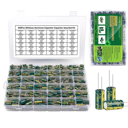 15/24/36 Values 225/460/925Pcs Aluminum Electrolytic Capacitors 16V-50V Electrolytic Capacitor Assortment Kit with Storage Box