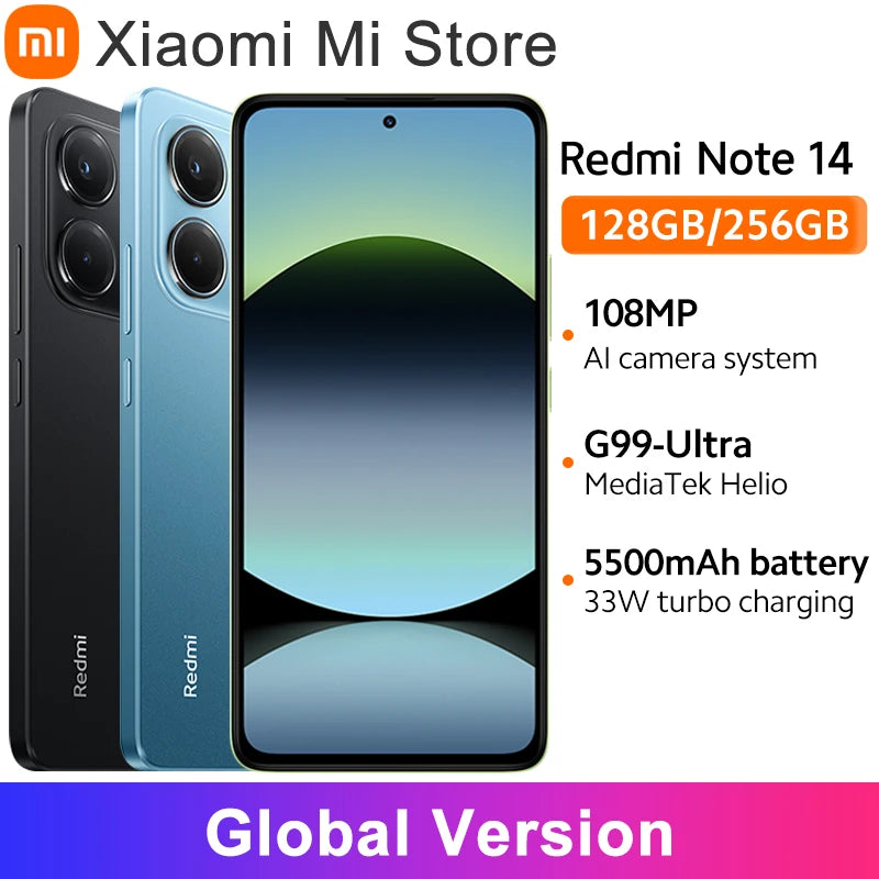 【Brand+】Global Version Xiaomi Redmi Note 14 MediaTek Helio G99-Ultra 108MP AI 5500mAh 6.67