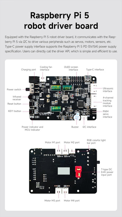 Yahboom Raspbot V2 AI Large Model Robot Car Kit with Camera Mecanum Wheel Toy Educational Python Programming for Raspberry Pi 5