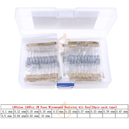 1/2W 1W Fuse Wirewound Resistor Mix kit Box 5color ring 0.1ohm 0.12R 0.15R 0.2R 0.33R 0.39R 0.47R 10ohm 22R 33R 47R 51R 82R 100R