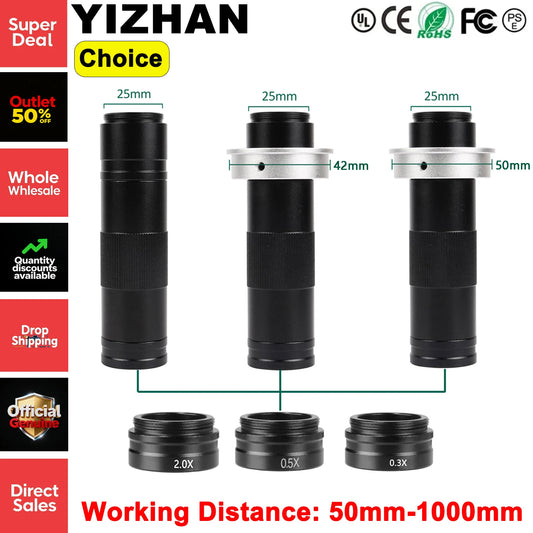 YIZHAN Magnification Adjustable 150X Focus C-Mount Lens With 0.5X 2X 0.3X Objective For Industrial Digital Microscope Camera
