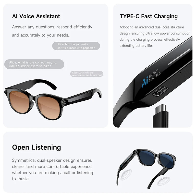 2026 AI Smart Glasses 200W HD Camera 1080P Translation AI Voice Assistant Music Playback LED Flashlight Men Women Smart Glasses