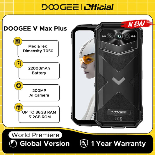 【Brand+】World Premiere DOOGEE V Max Plus Rugged Phone 22000mAh 36GB(16+20) 512GB 200MP Camera Phone 6.58" 120Hz Dimensity